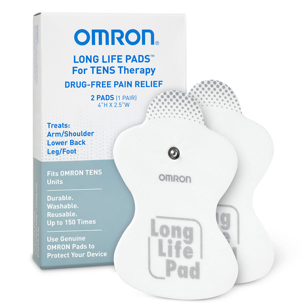 Omron almohadillas frontal paquete mostrando diseño mariposa y beneficios reutilizables