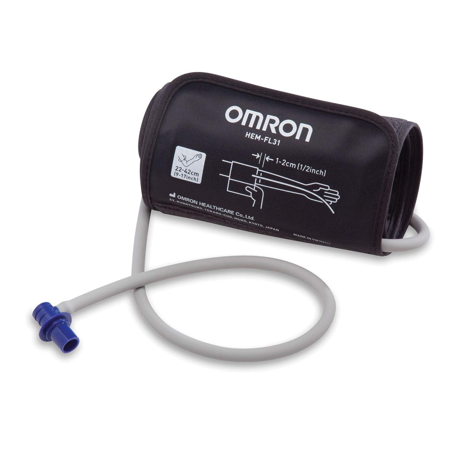 Omron manguito ComFit frontal mostrando diseño ancho y ajuste cómodo