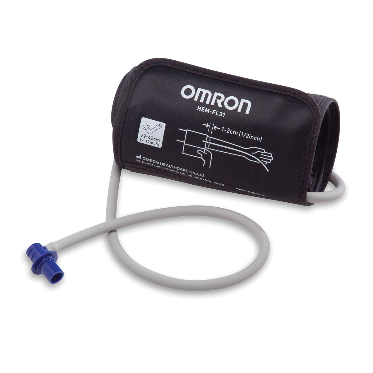 Omron manguito ComFit frontal mostrando diseño ancho y ajuste cómodo