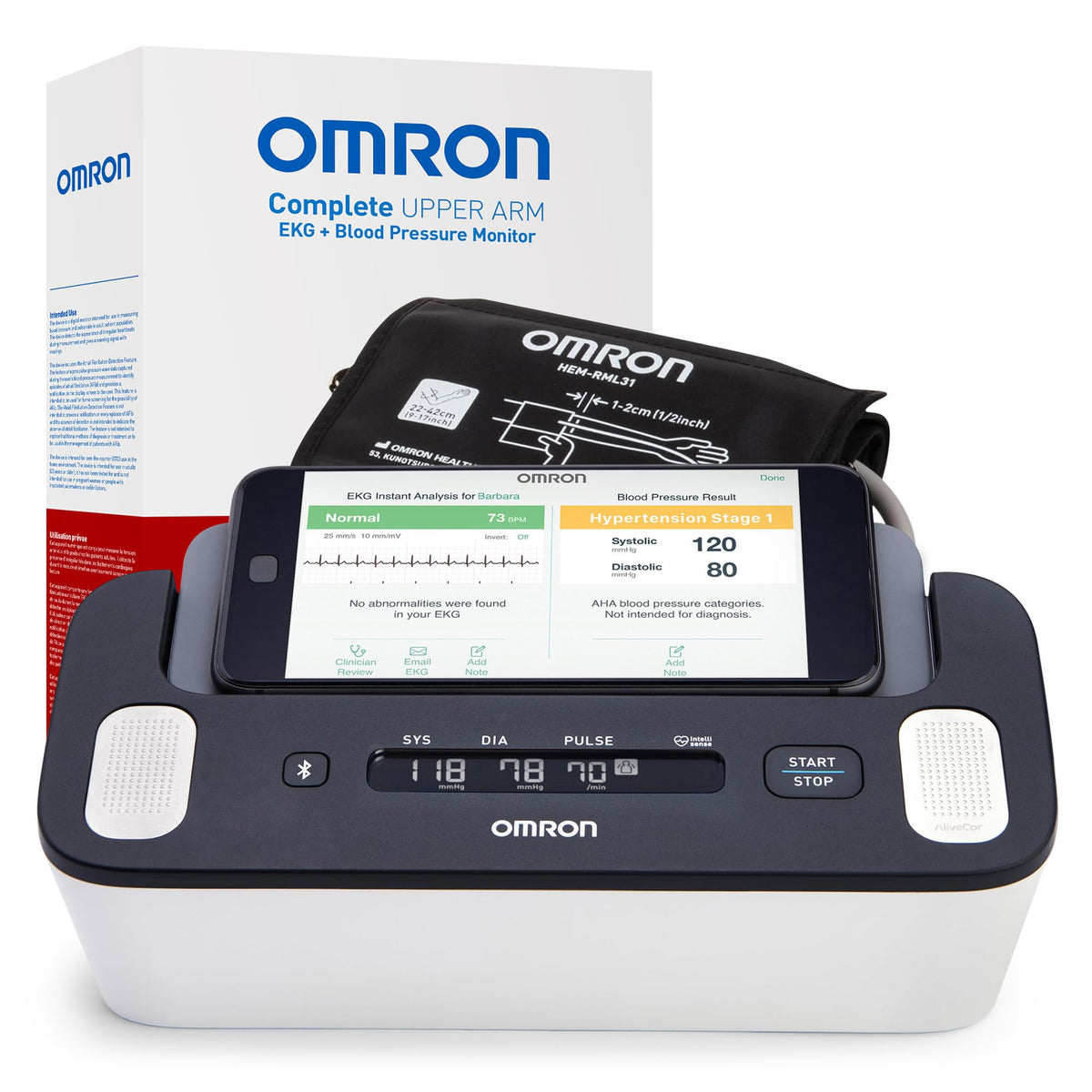 OMRON Complete vista frontal del monitor mostrando pantalla clara y botones para control fácil