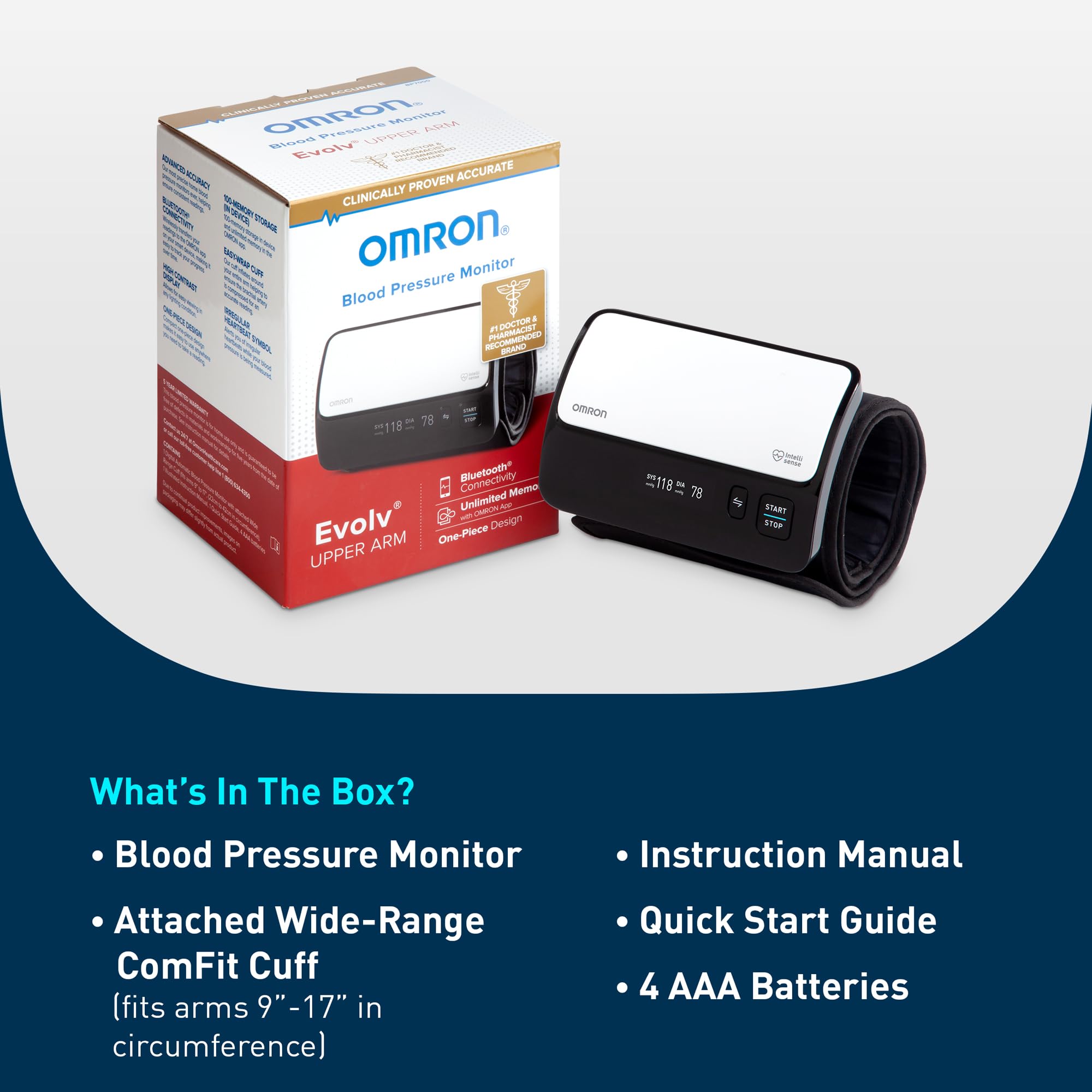 OMRON Evolv caja abierta con accesorios listos para comenzar mediciones