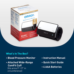 OMRON Evolv caja abierta con accesorios listos para comenzar mediciones