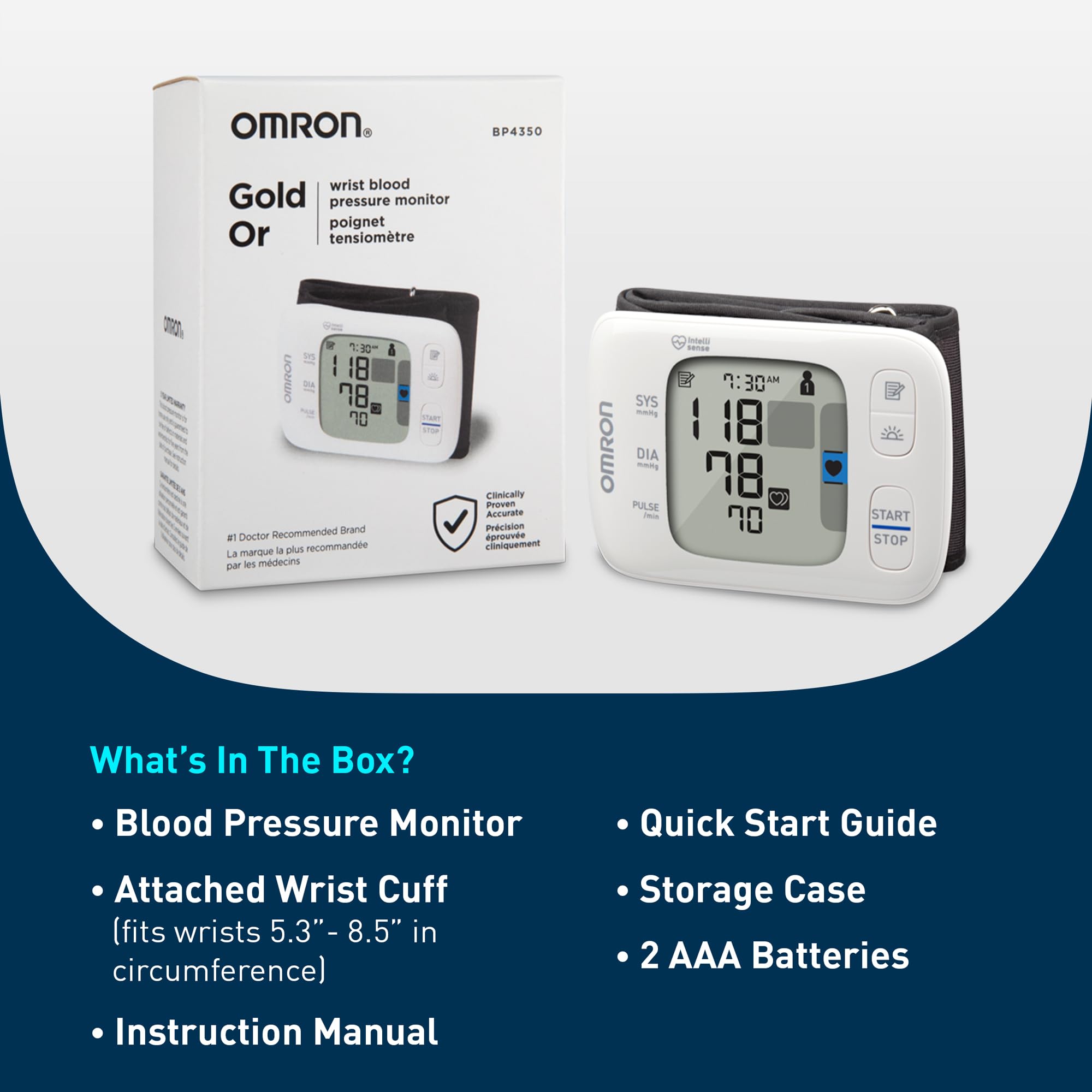 OMRON Gold junto a una mano para mostrar tamaño y escala práctica
