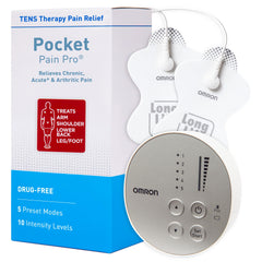 Omron Pocket Pain Pro vista frontal con pantalla clara y controles, alivio portátil