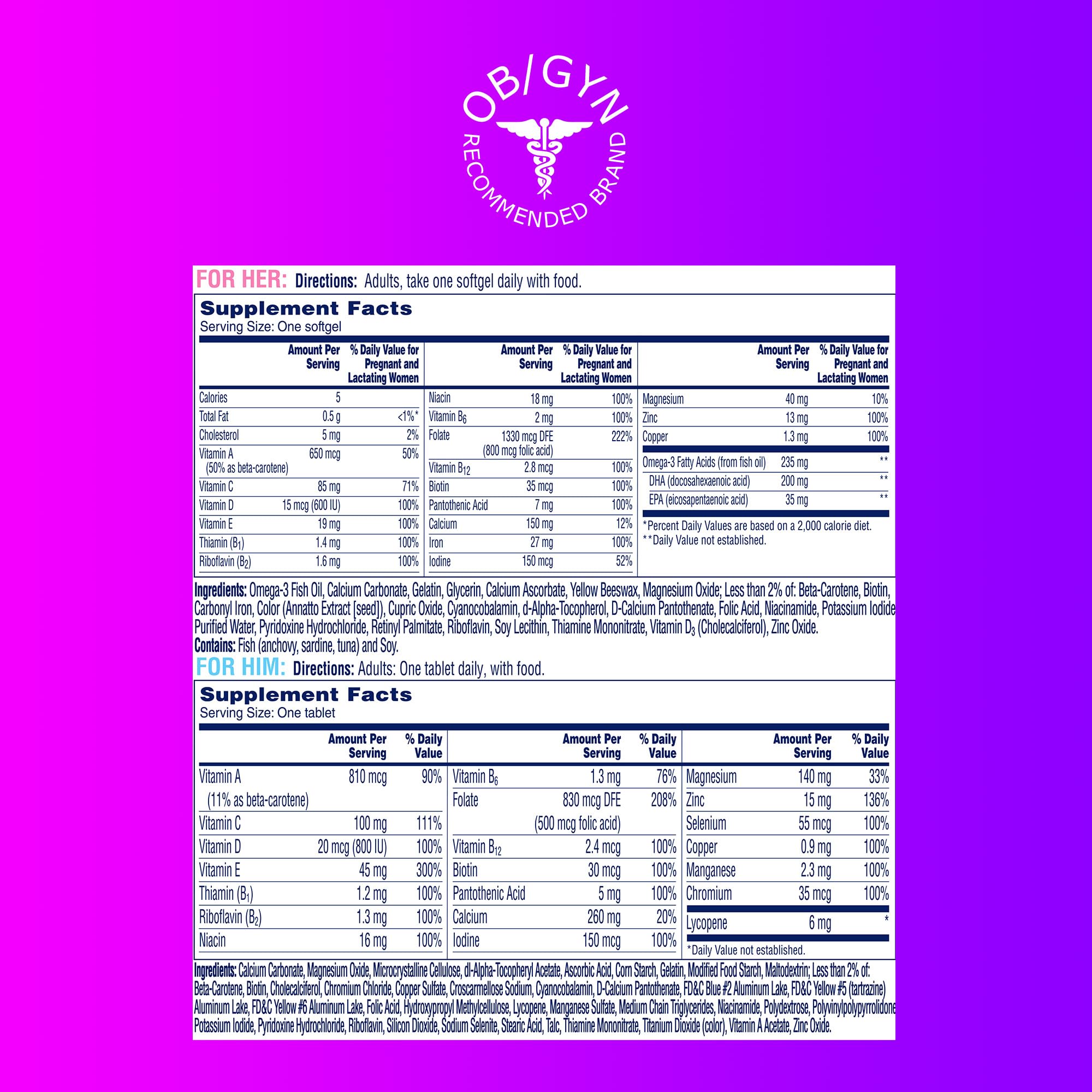ONE A DAY panel de información nutricional con ingredientes clave