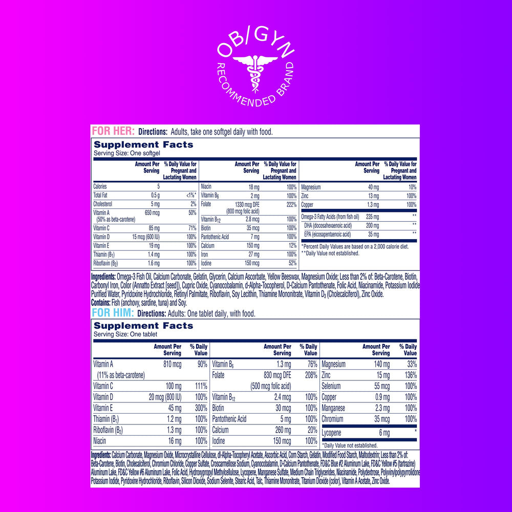 ONE A DAY panel de información nutricional con ingredientes clave