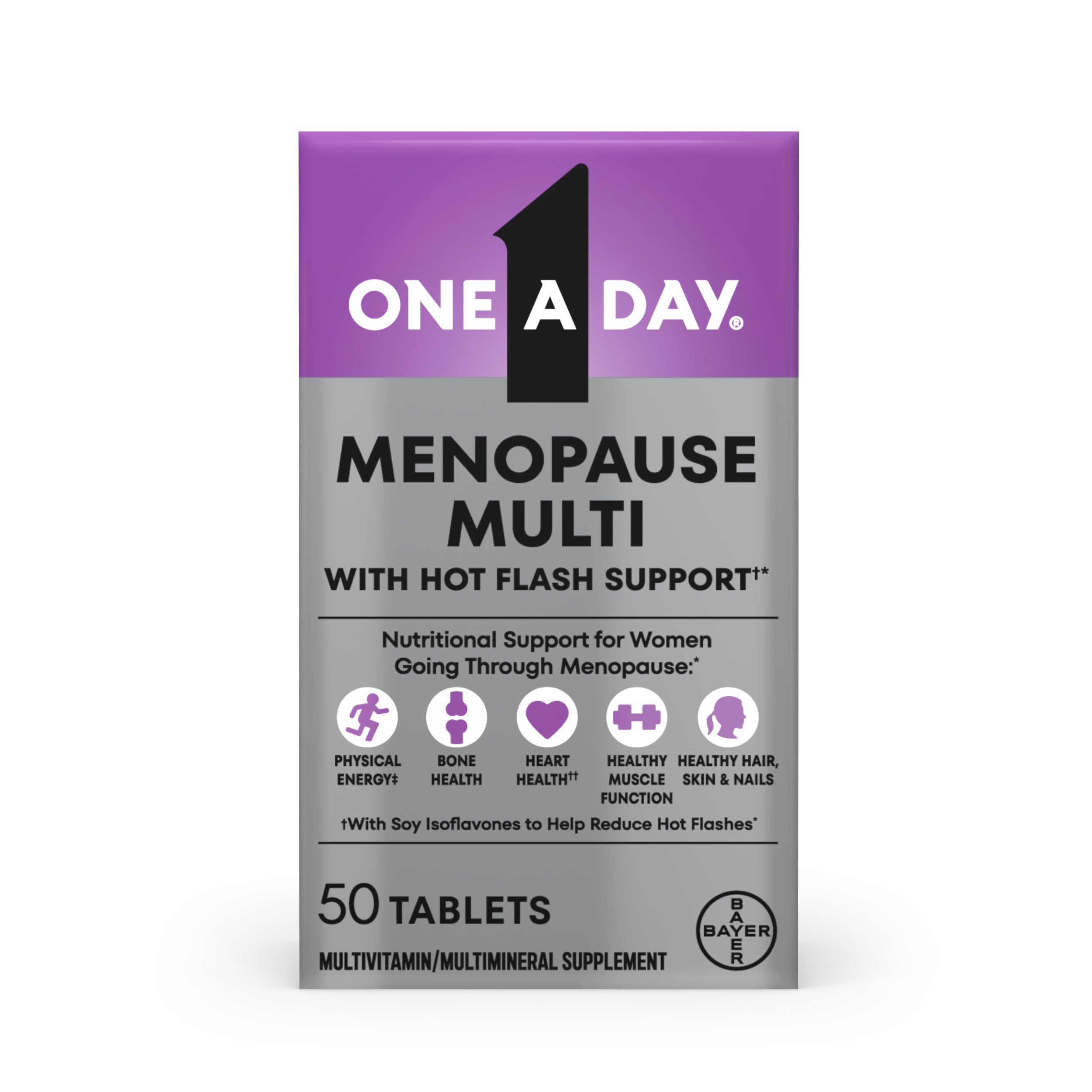 One A Day frente del envase mostrando la marca y beneficios de menopausia