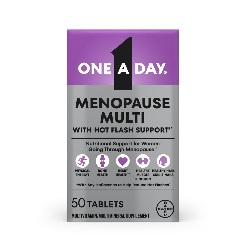 One A Day frente del envase mostrando la marca y beneficios de menopausia