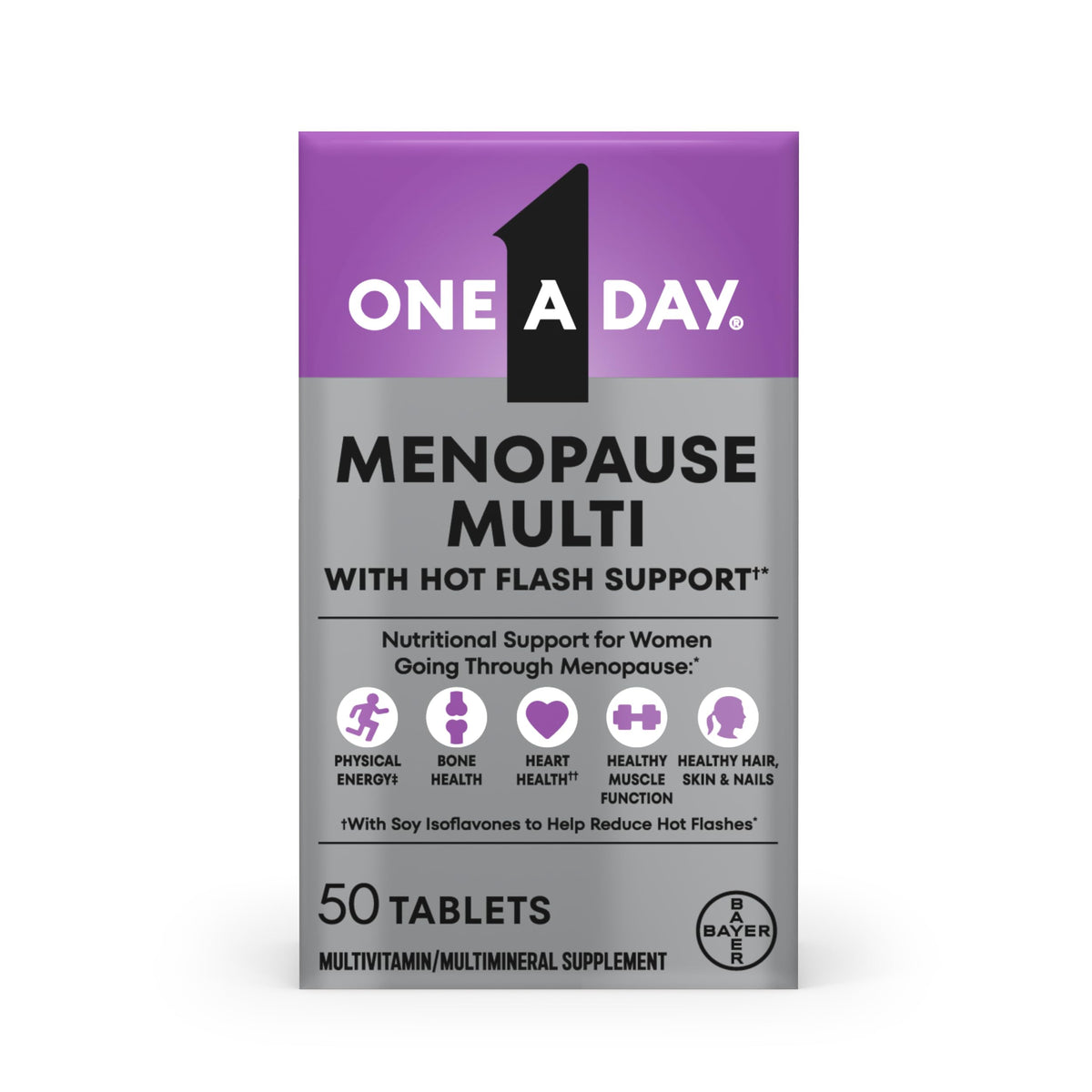 One A Day frente del envase mostrando la marca y beneficios de menopausia