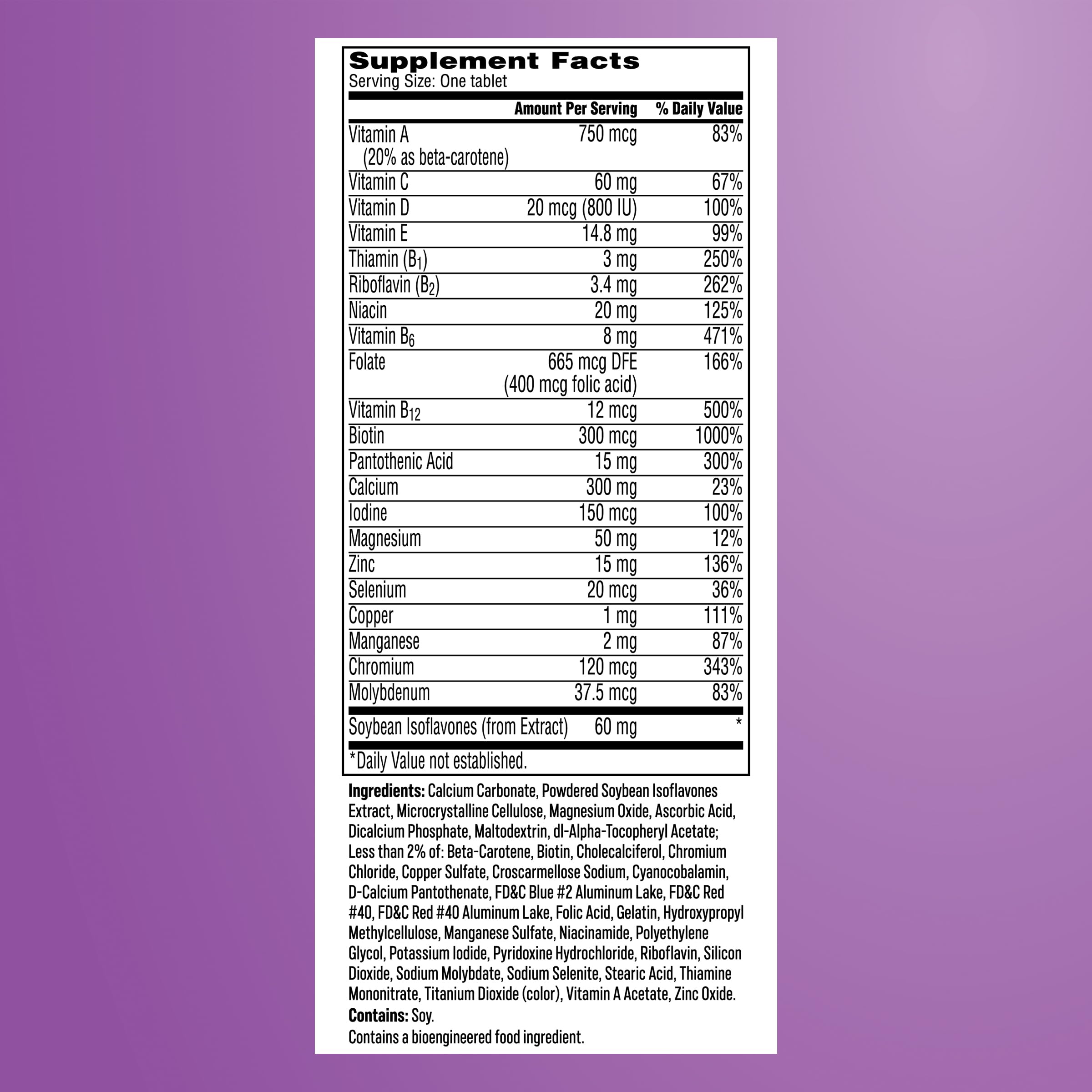 One A Day información nutricional cerca para revisar dosis y componentes