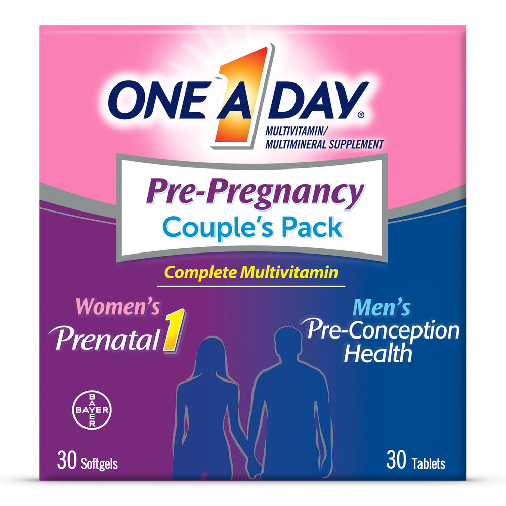 ONE A DAY pack premamá frontal mostrando envases y beneficios