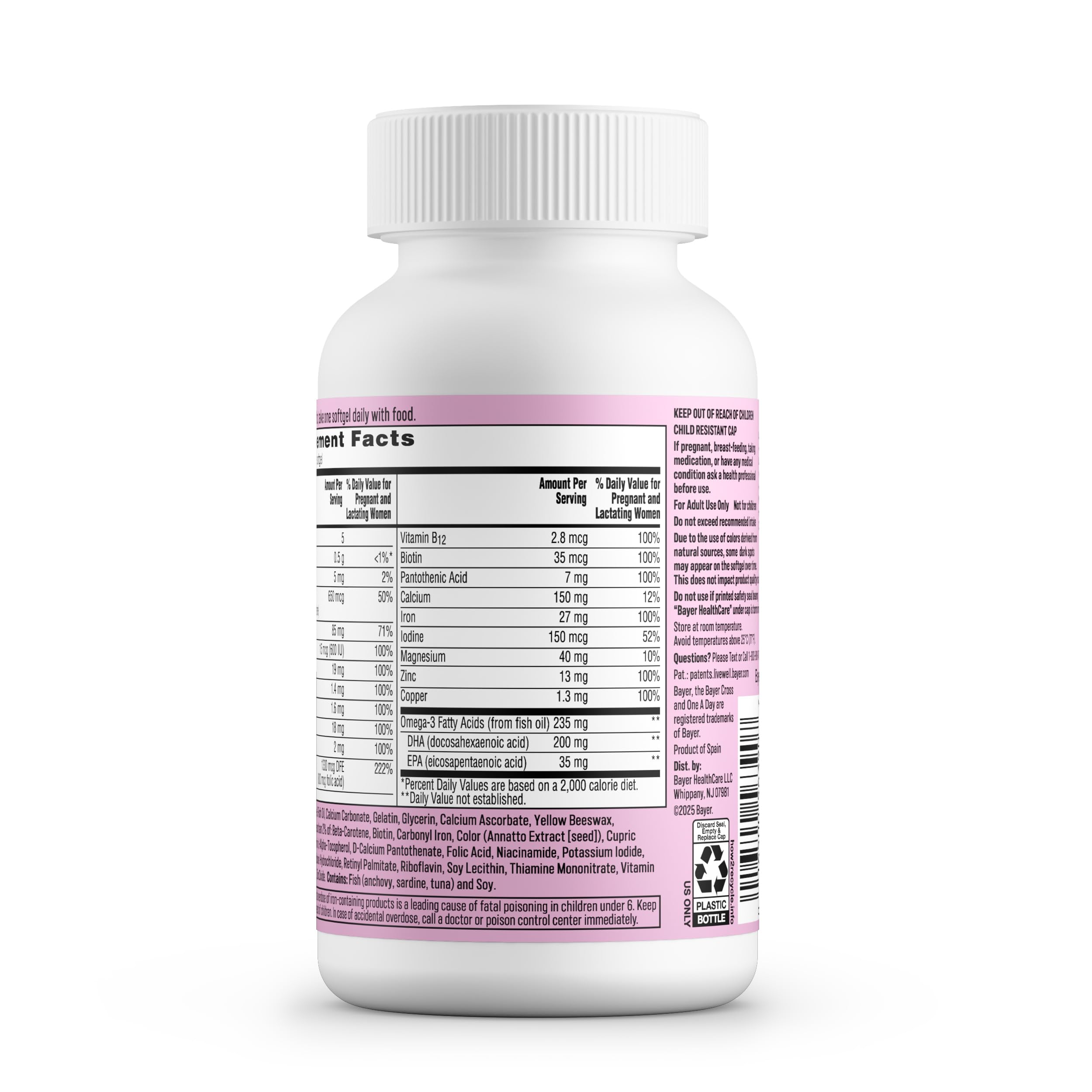 One A Day etiqueta nutricional en foco mostrando folato, hierro y DHA