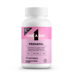 One A Day envase frontal prenatal mostrando 90 cápsulas y beneficios clave