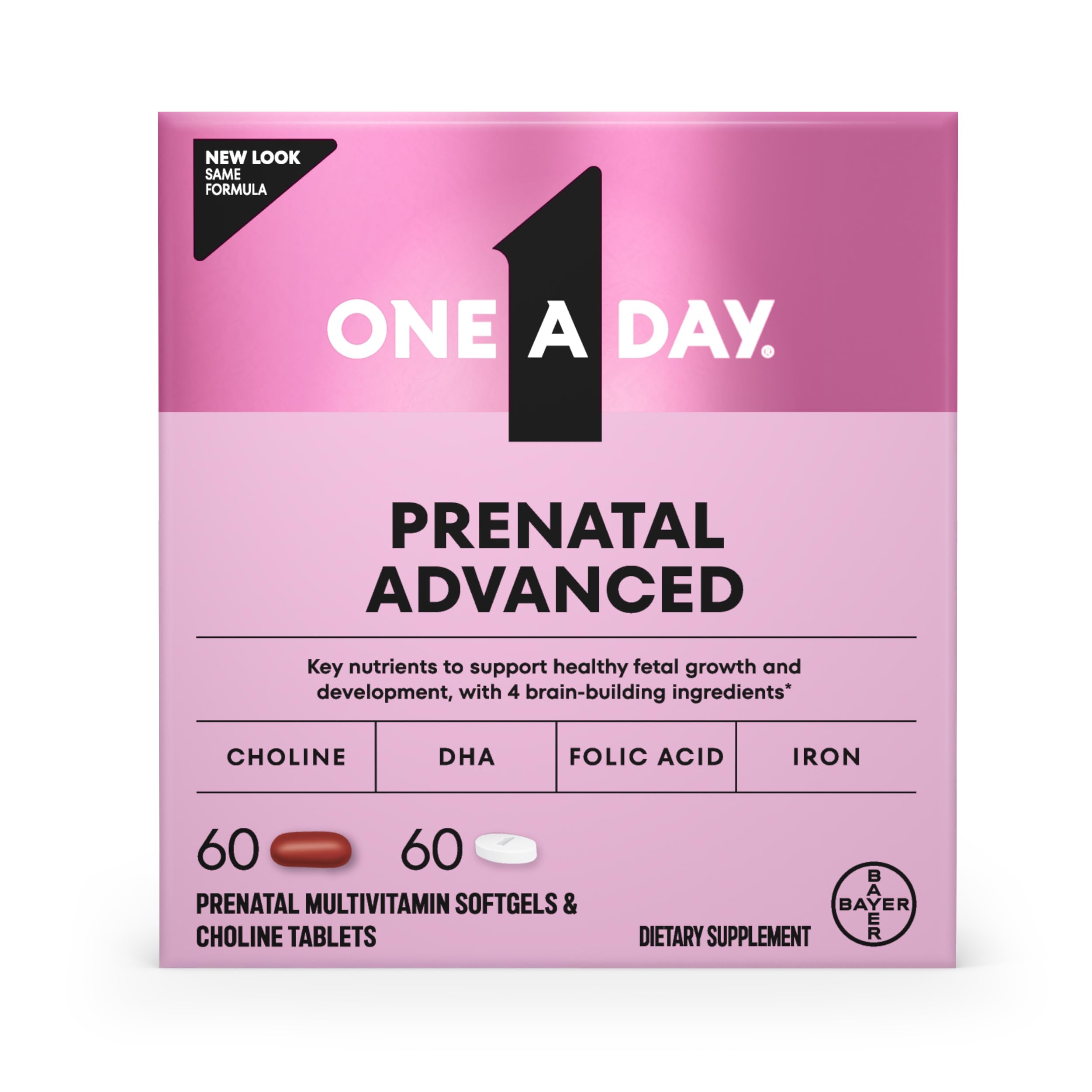 ONE A DAY empaque frontal que muestra la fórmula prenatal y su beneficio completo