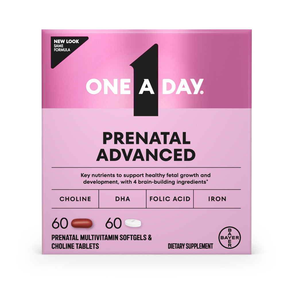 ONE A DAY empaque frontal que muestra la fórmula prenatal y su beneficio completo