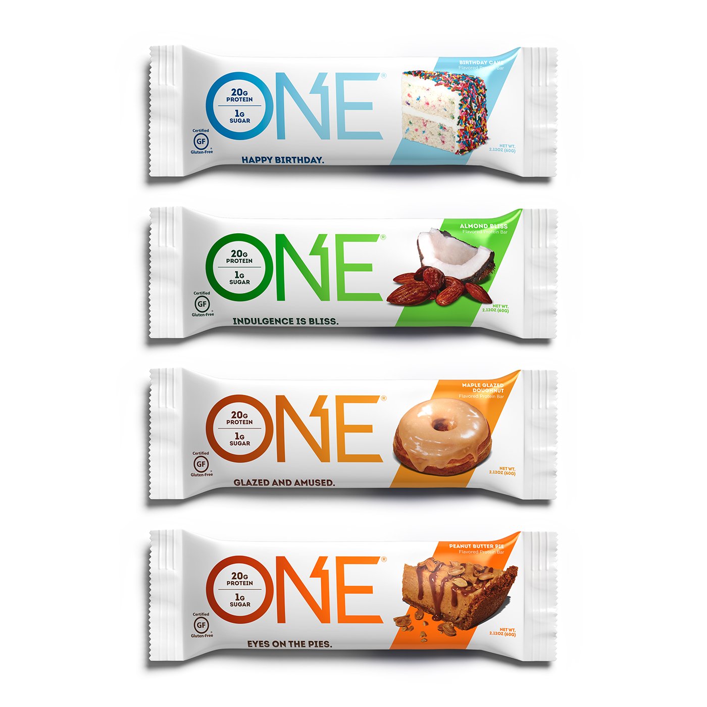ONE paquete frontal mostrando 12 barras, conveniente y alto en proteína