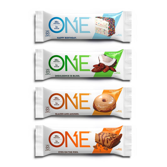 ONE paquete frontal mostrando 12 barras, conveniente y alto en proteína