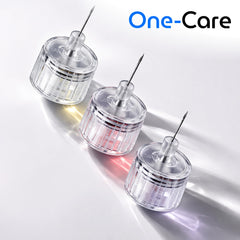 ONE-CARE comparación de tamaño 31G x 8mm mostrando perfil compacto