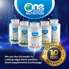 Representación de la tecnología nano de One Planet Nutrition mostrando partículas pequeñas, biodisponibilidad