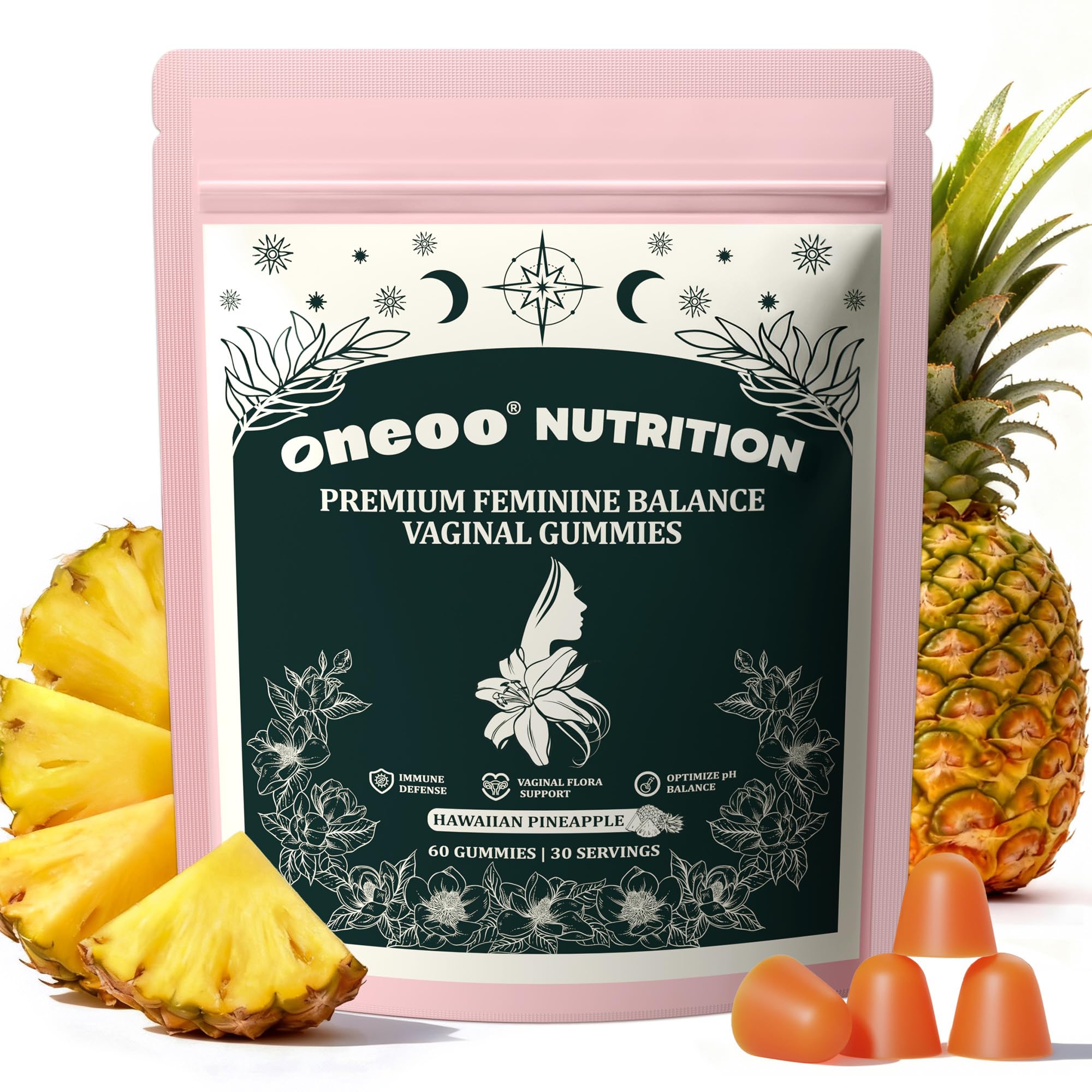 Oneoo envase frontal de las gominolas que muestra diseño y beneficio práctico