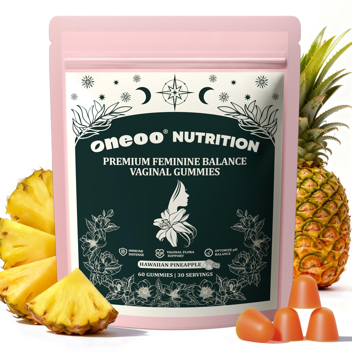 Oneoo envase frontal de las gominolas que muestra diseño y beneficio práctico