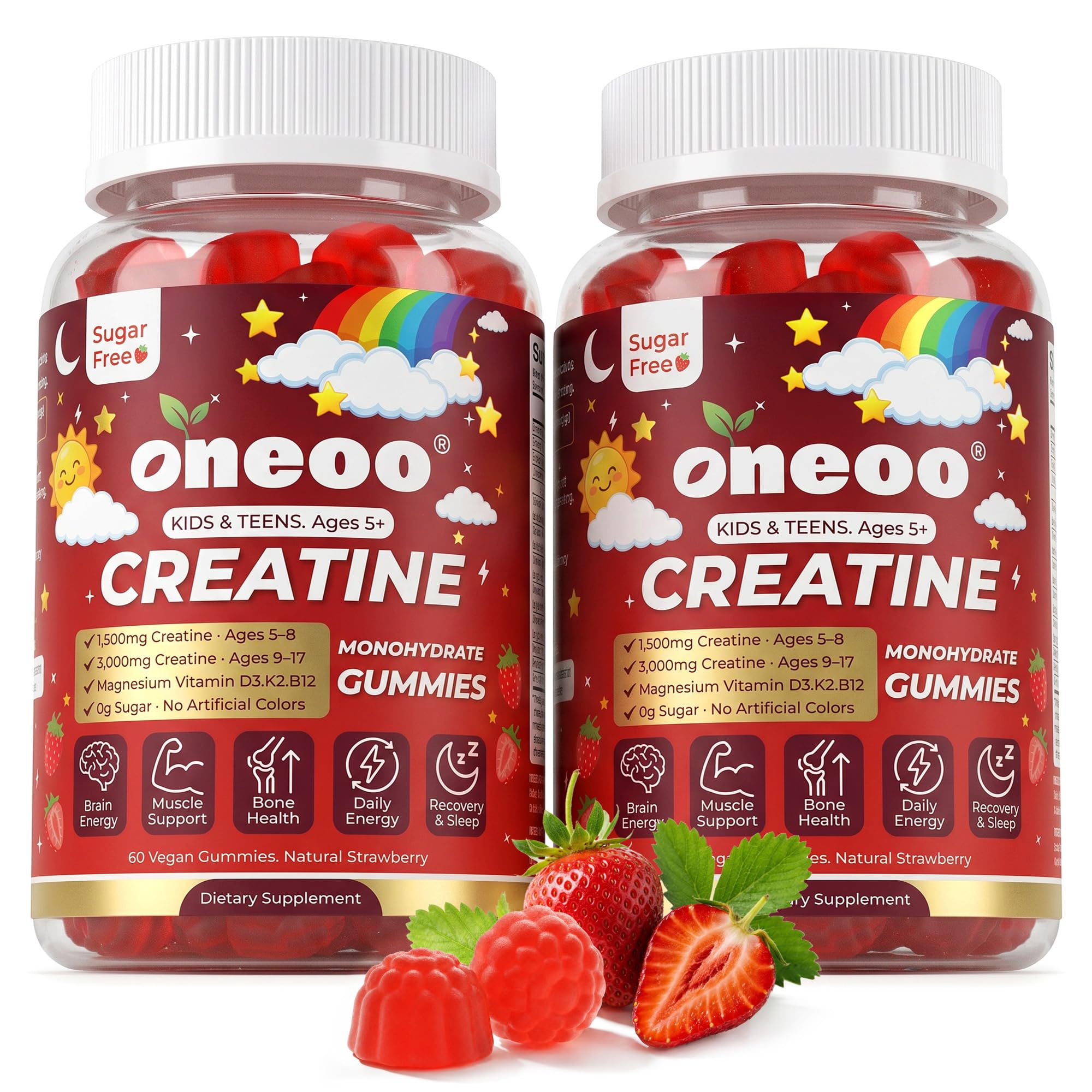 Oneoo frente del envase mostrando gomitas fresa y beneficios