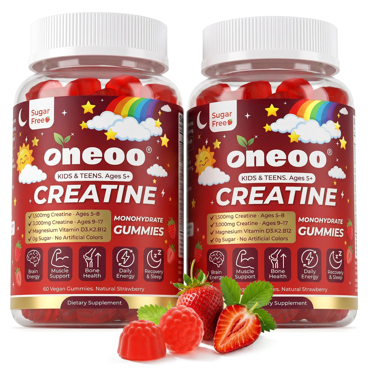 Oneoo frente del envase mostrando gomitas fresa y beneficios
