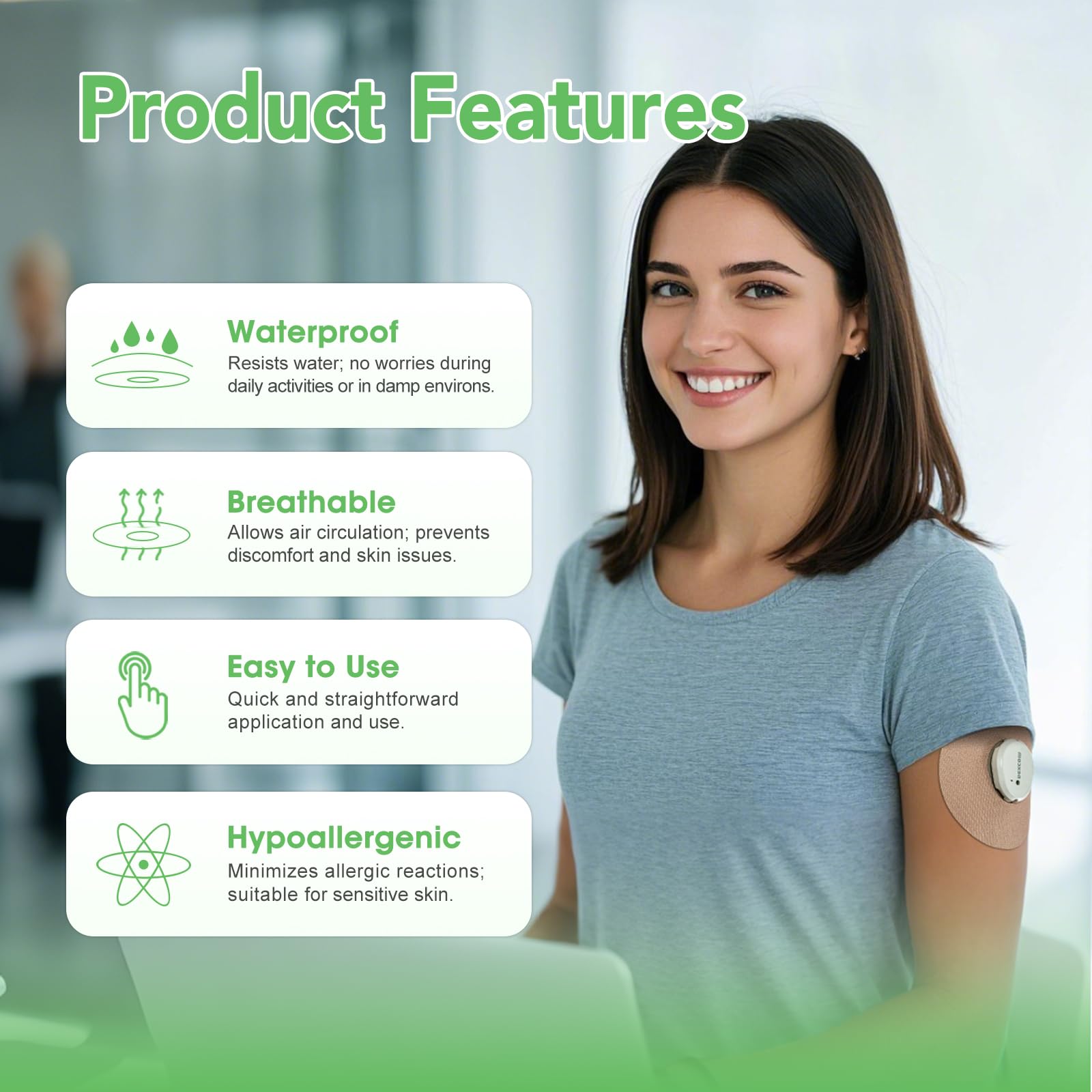 Onida close-up del sensor Dexcom G7 con parche alineado, evita desplazamientos