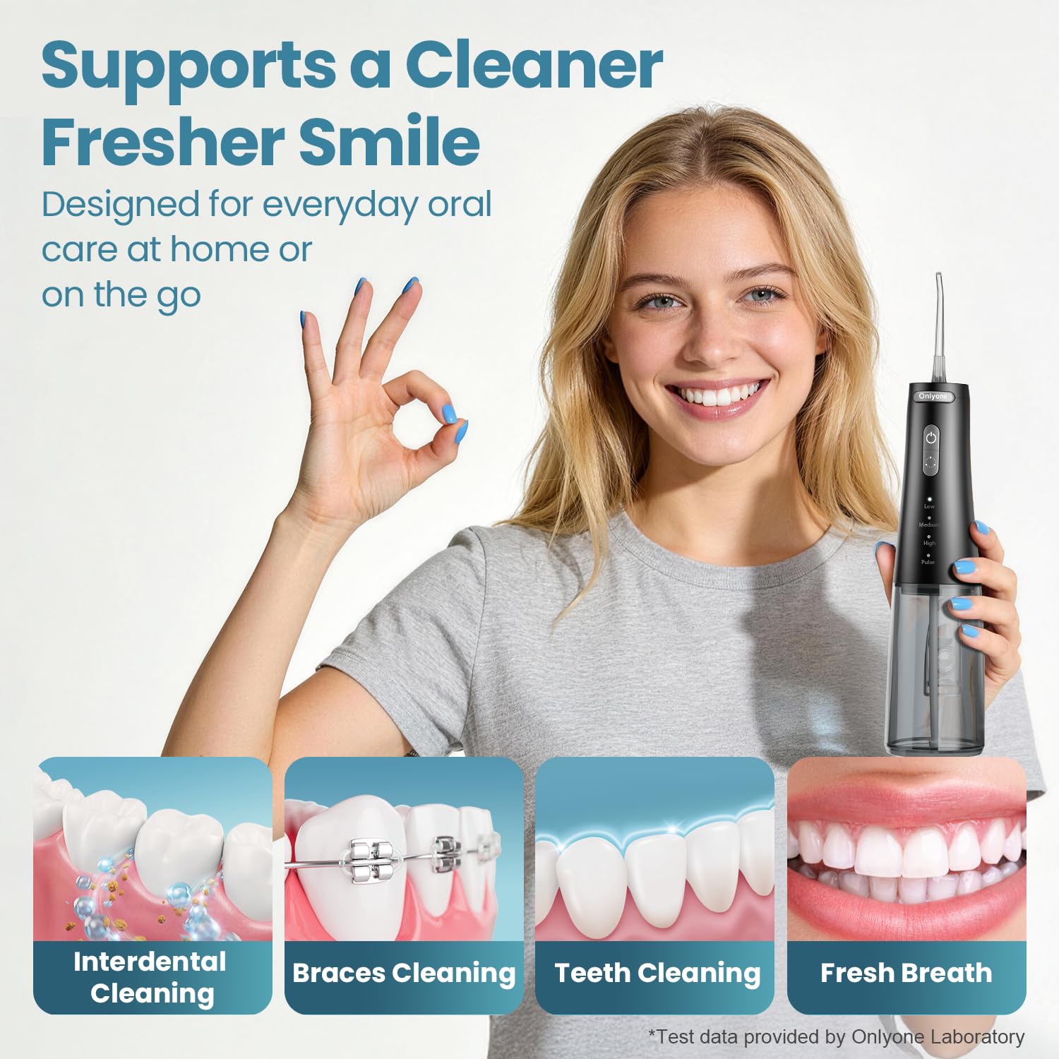 Onlyone en uso por persona que demuestra limpieza interdental cómoda y segura