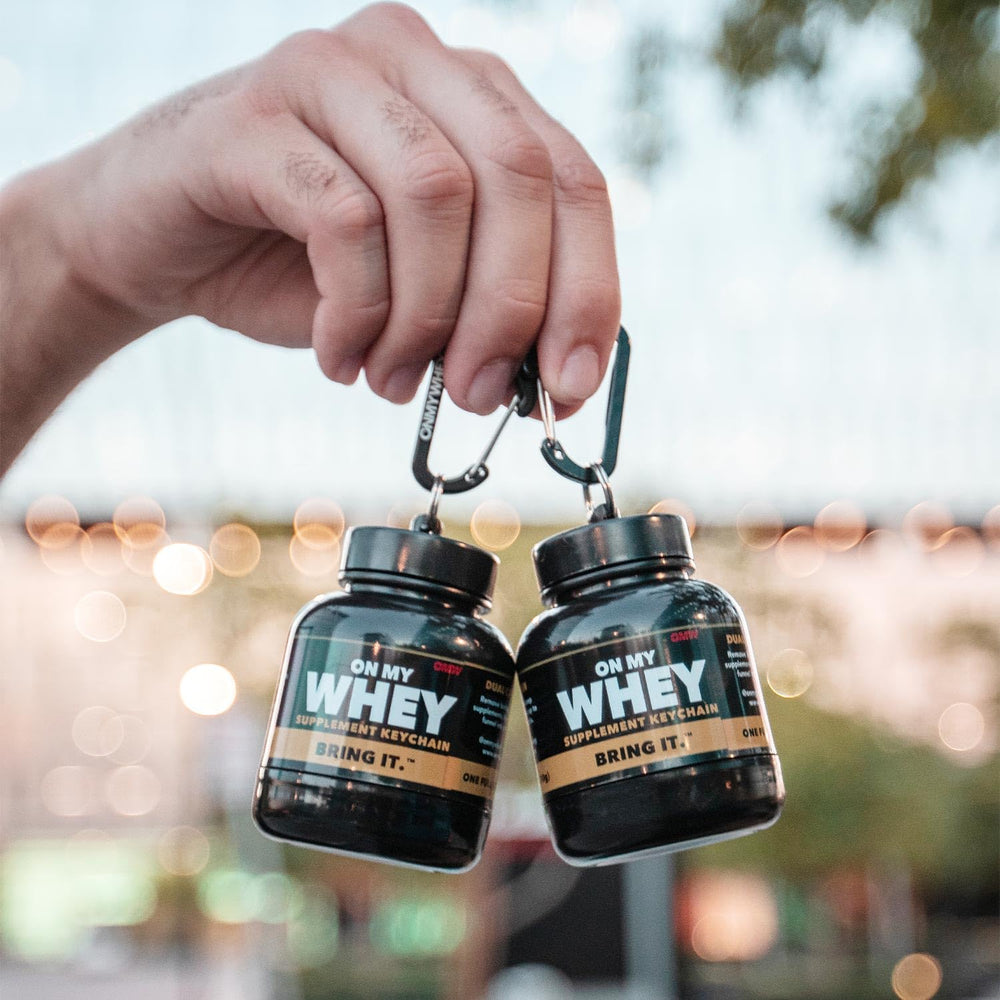 OnMyWhey keychain protein funnel stays ready for workouts
