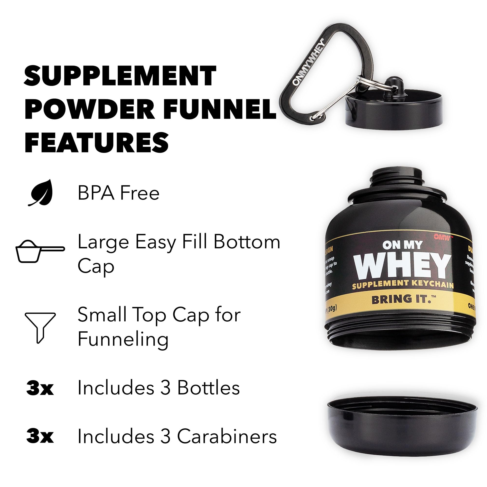 OnMyWhey travel funnel attached to a keychain keeps supplements accessible