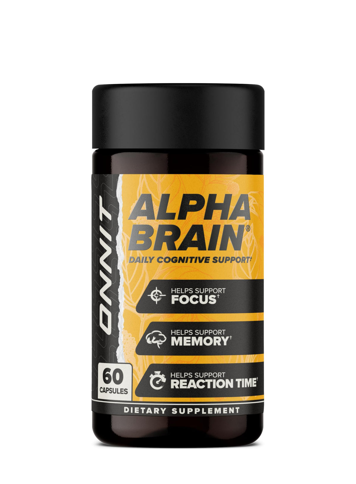ONNIT frasco Alpha Brain frente mostrando envase compacto y protección