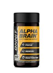 ONNIT frasco Alpha Brain frente mostrando envase compacto y protección