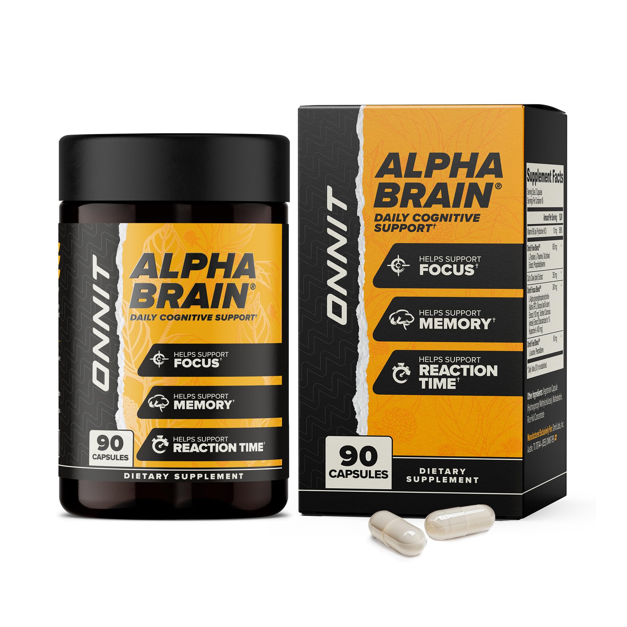 ONNIT Alpha Brain frasco frontal mostrando diseño y presentación, confianza y calidad
