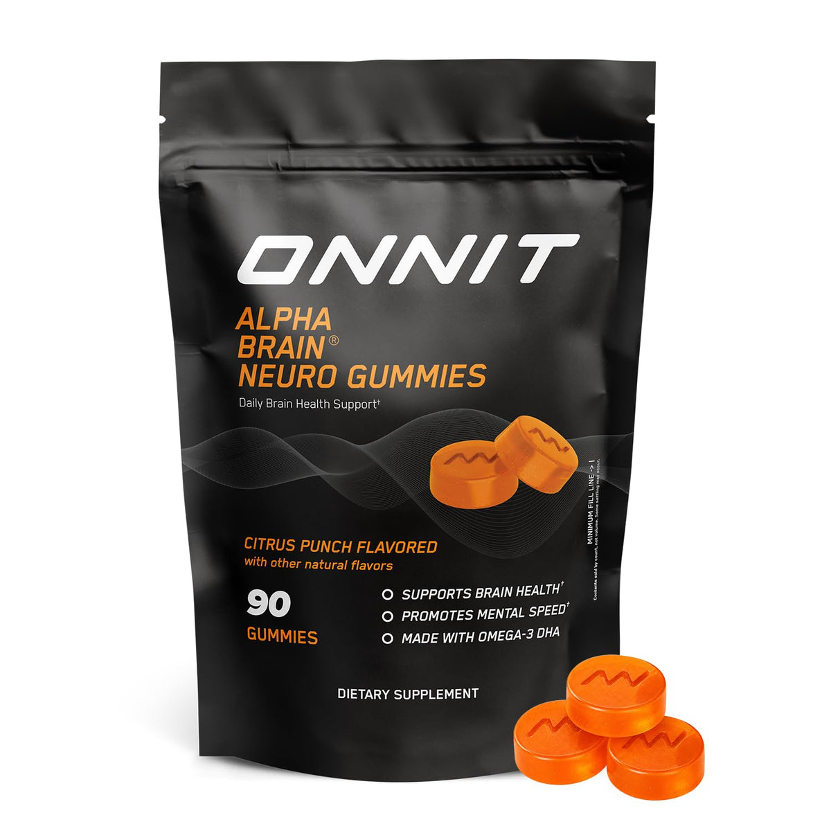 ONNIT pack frontal de Alpha Brain Neuro Focus Gummies mostrando el envase y beneficios