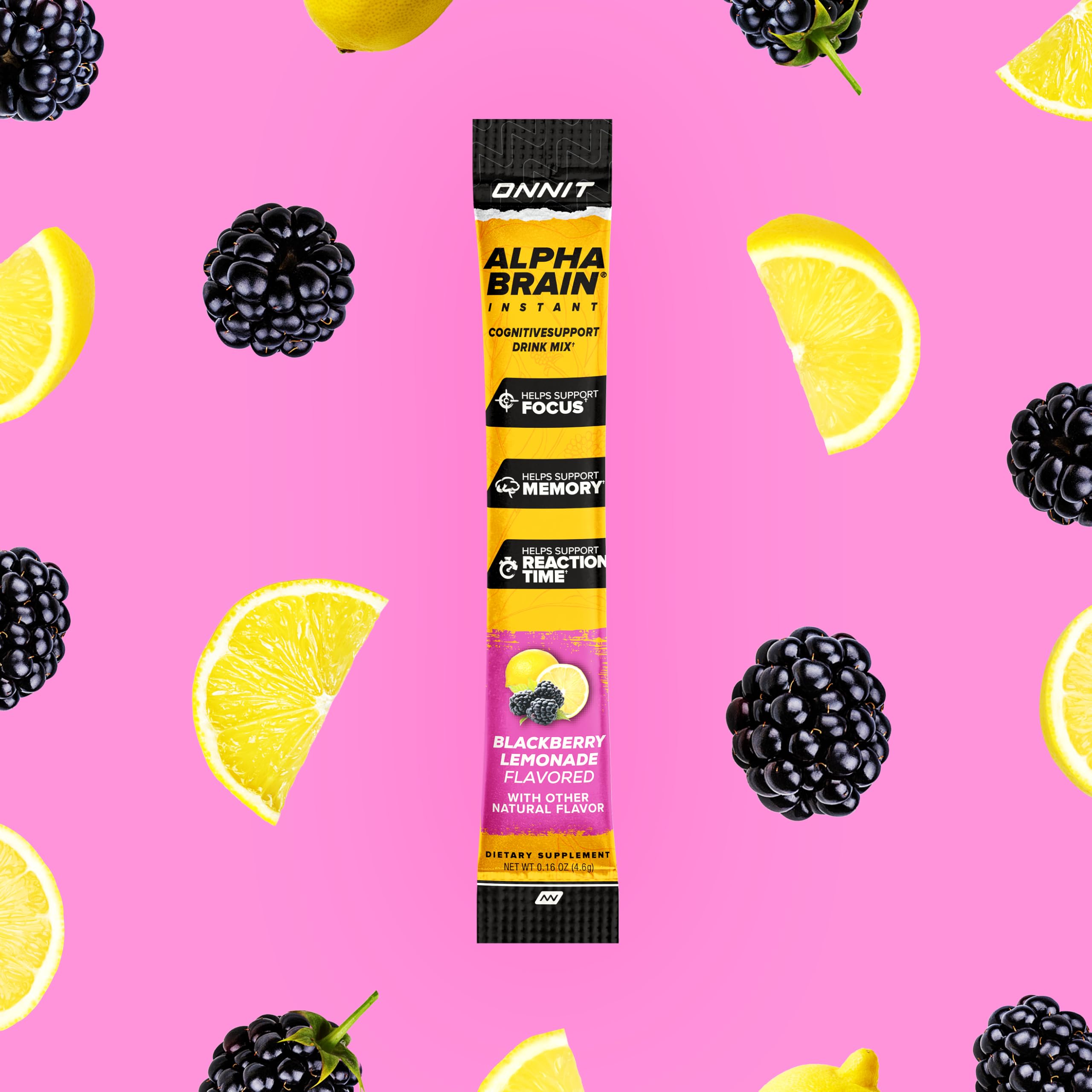 ONNIT Alpha BRAIN Instant sobre en mano para comparar tamaño y portabilidad conveniente
