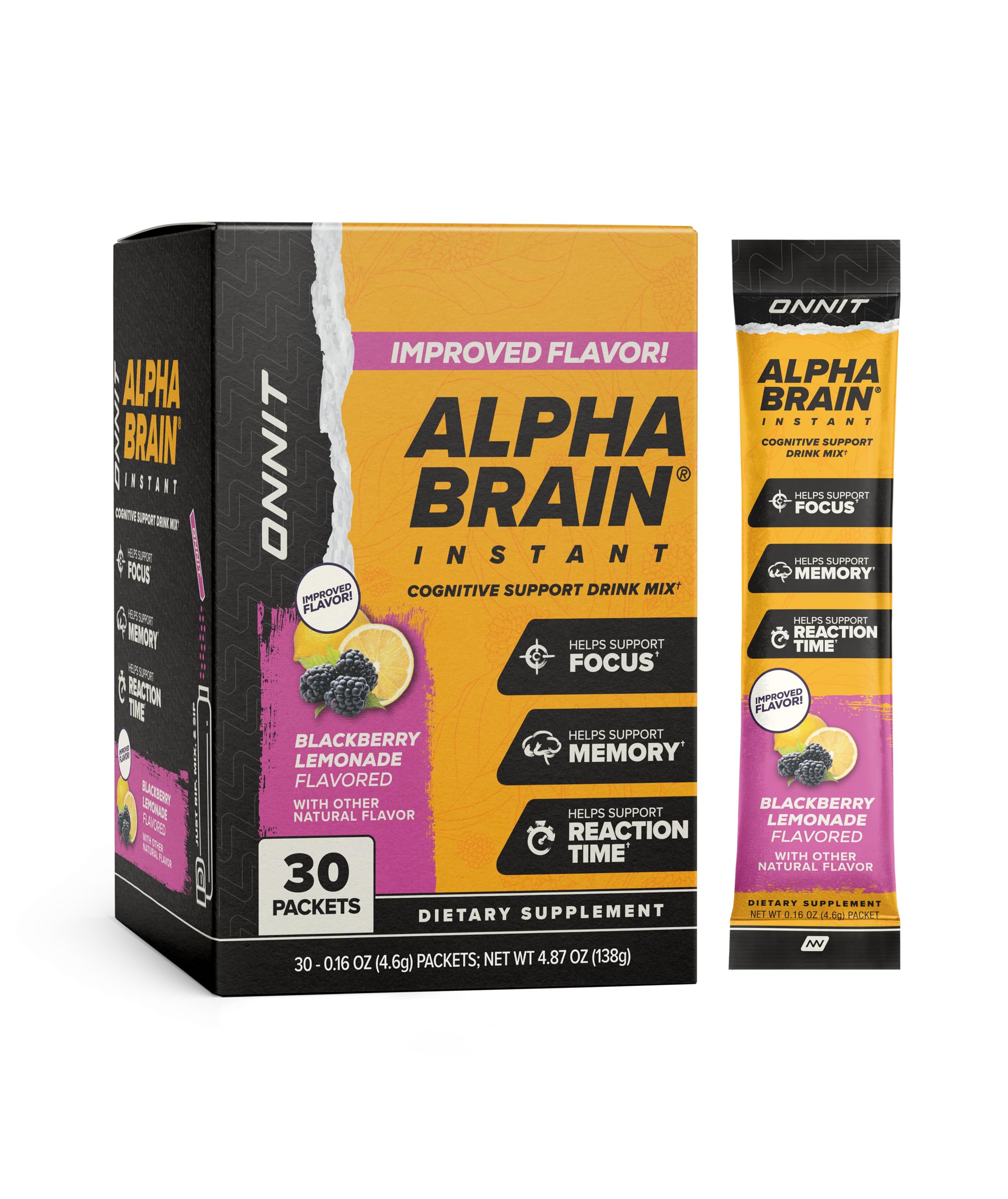ONNIT Alpha BRAIN Instant frente del empaque mostrando sobres y marca para fácil transporte