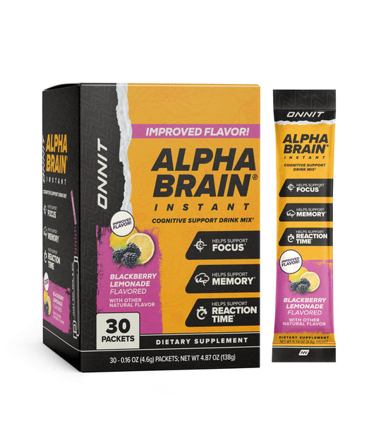 ONNIT Alpha BRAIN Instant frente del empaque mostrando sobres y marca para fácil transporte