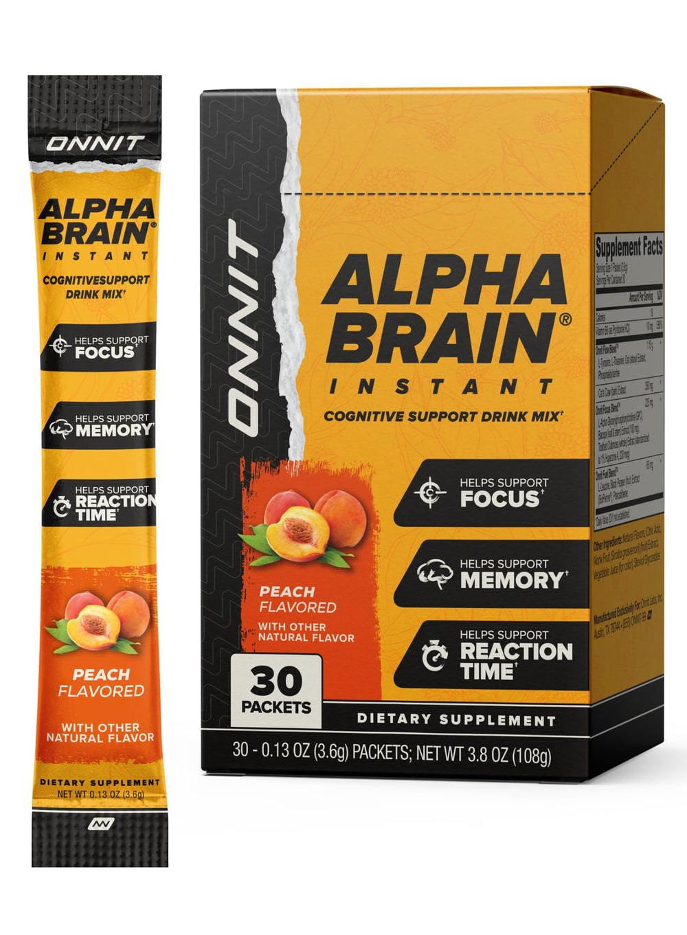 ONNIT Alpha Brain Instant, paquetes durazno, impulso cognitivo para estudiar con claridad.