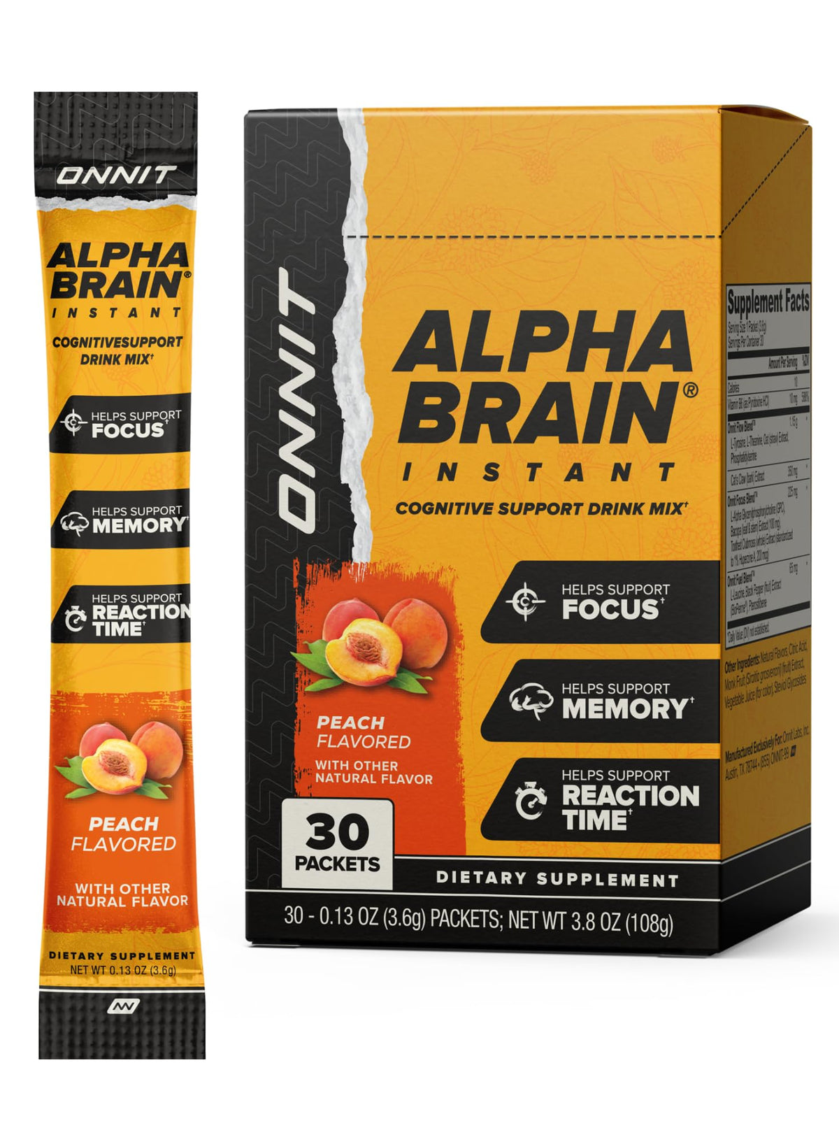 ONNIT Alpha Brain Instant, paquetes durazno, impulso cognitivo para estudiar con claridad.