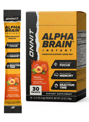 ONNIT Alpha Brain Instant, paquetes durazno, impulso cognitivo para estudiar con claridad.