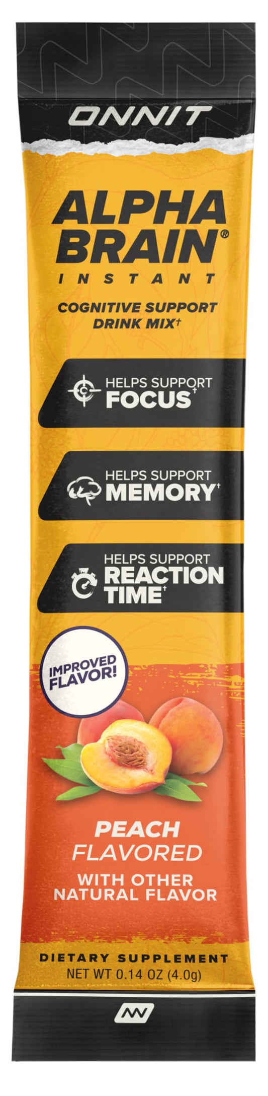 ONNIT Alpha Brain Instant sobre abierto con polvo visible y textura fácil disolver