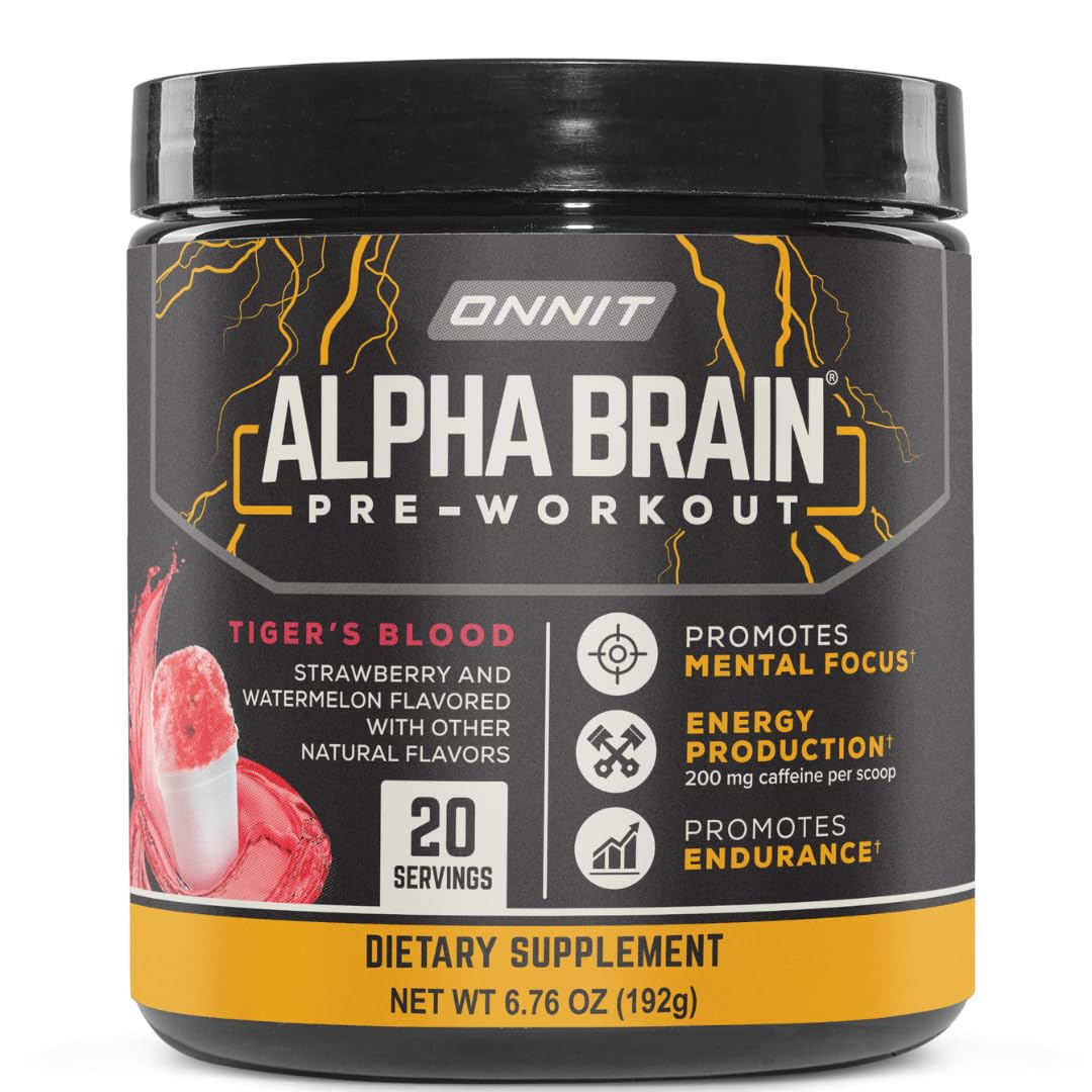 ONNIT Alpha Brain frente, envase muestra sabor Tiger's Blood y energía funcional