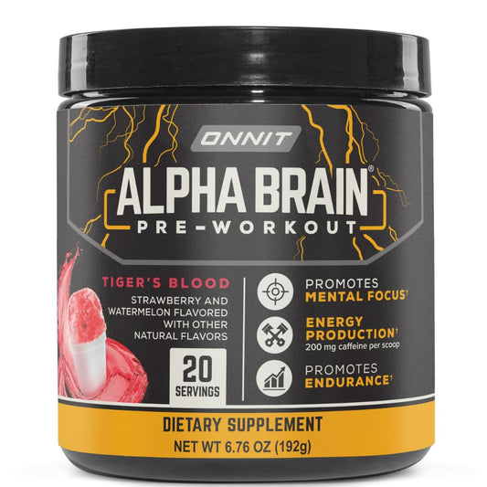 ONNIT Alpha Brain frente, envase muestra sabor Tiger's Blood y energía funcional
