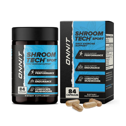 ONNIT frasco Shroom Tech SPORT frente mostrando etiqueta y beneficio energía