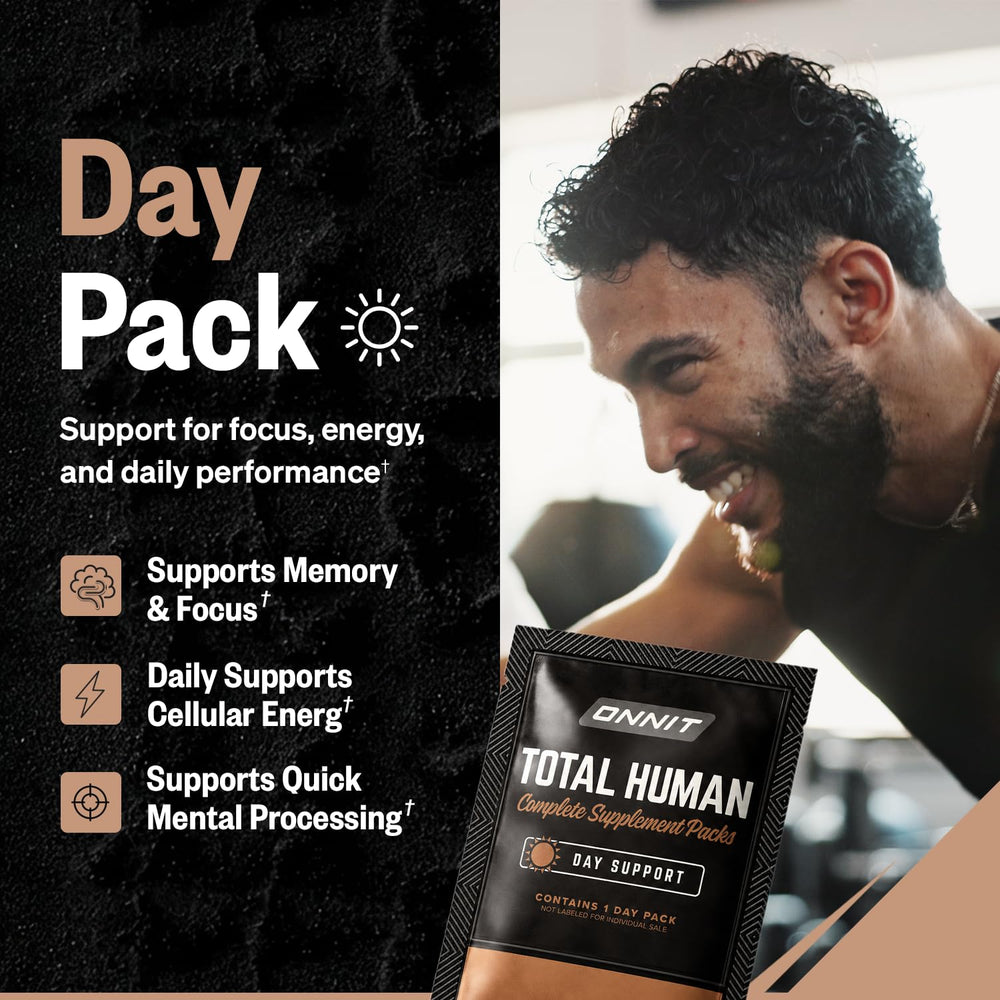 ONNIT Total Human comparación de tamaño con una mano, muestra portátil y compacto