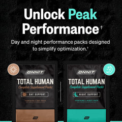 ONNIT Total Human sobres abiertos mostrando Day y Night, organización diaria práctica