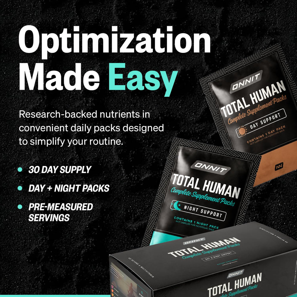 ONNIT Total Human primer plano de tabletas y cápsulas, detalle de formulación y calidad