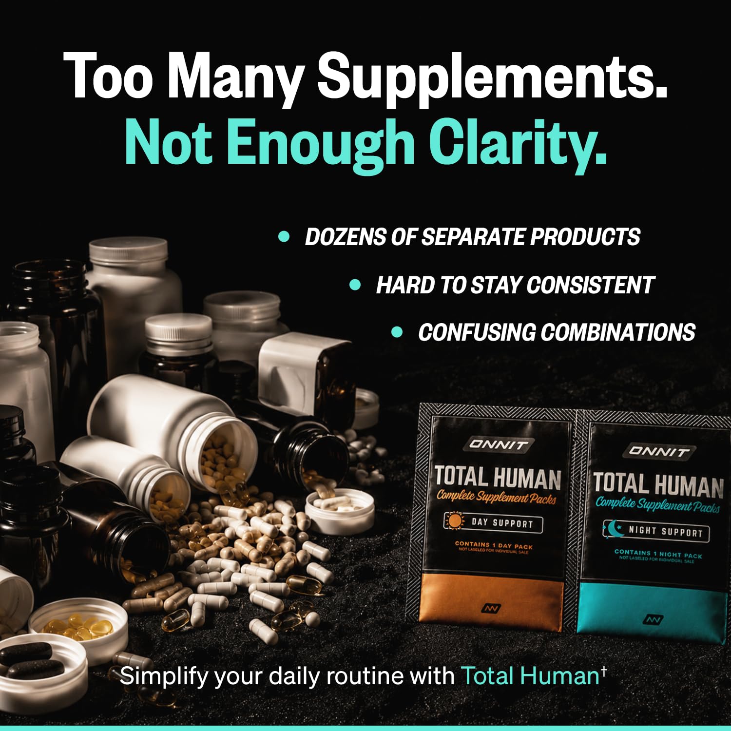 ONNIT Total Human persona tomando el Day Pack en la mañana, apoyo para energía