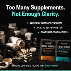ONNIT Total Human persona tomando el Day Pack en la mañana, apoyo para energía